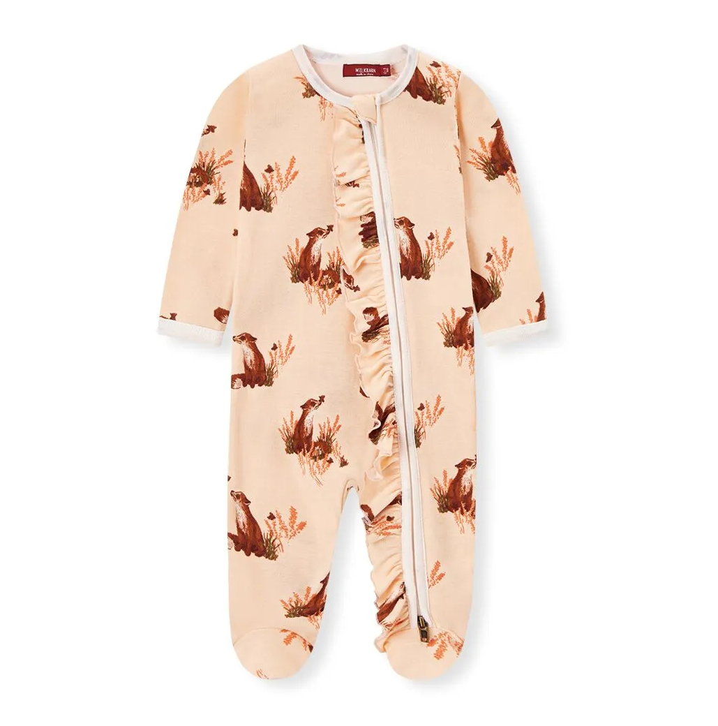 Floral Fox Ruffled Zippered Footed Romper 6-9 M