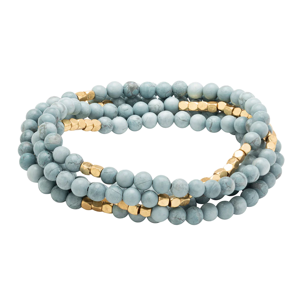Stone Wrap Bracelet/Necklace - Blue Howlite/Gold