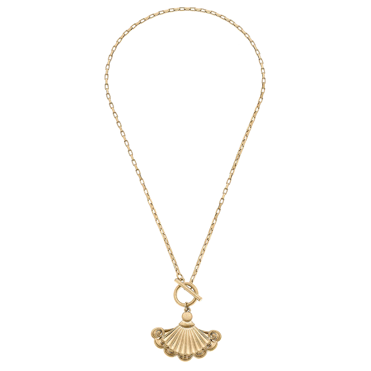 Ines French Fan Pendant T-Bar Necklace - Worn Gold